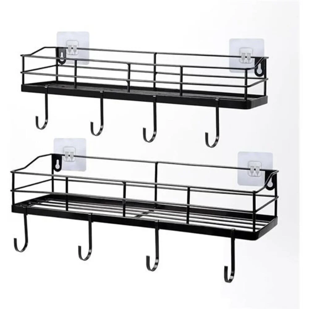 Black Floating Wall Shelves Set of 2 with Hooks Bathroom Kitchen Storage Rack